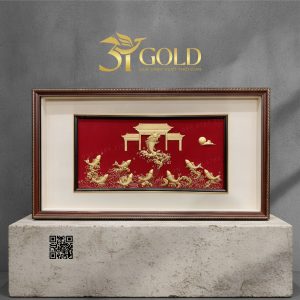 Tranh cá chép vượt vũ môn dát vàng (50x90cm)