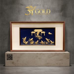 Tranh cá chép vượt vũ môn dát vàng 24k nền xanh (50x90cm)