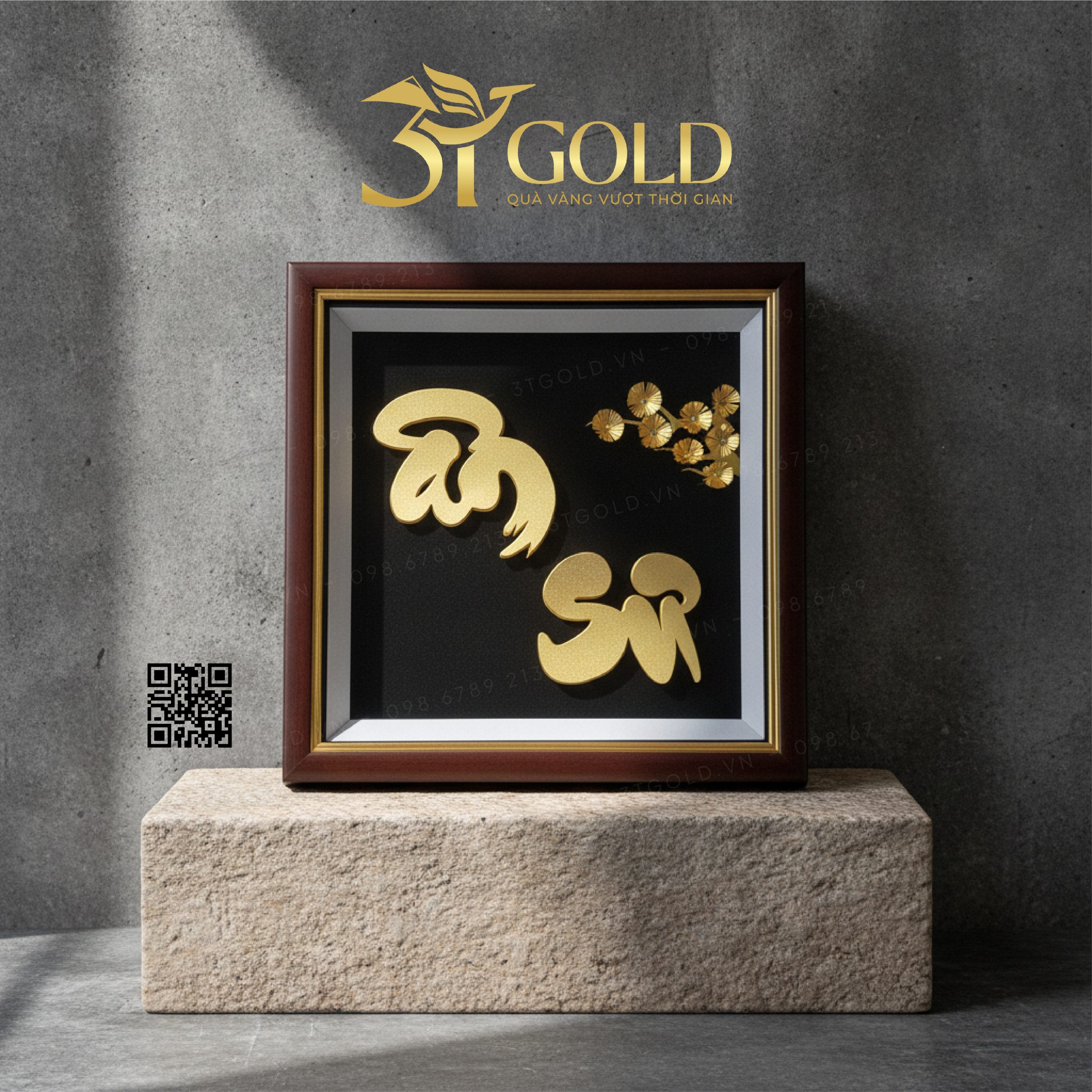 Tranh chữ Ân Sư thư pháp dát vàng 24k (30x30cm)