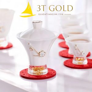Bộ ly uống trà cao cấp pha lê Swarovski - sứ đúc vàng (loe) - Ảnh 2